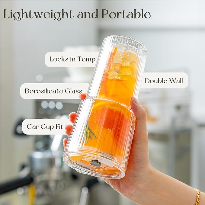 KEMORELA 2PCS 20oz Double Wall Ribbed Glass Cups with Lids and Straws, Insulated Borosilicate Glass Tumblers, Heat-Resistant, leak-proof Design for Iced Coffee, Bubble Tea, Juice, Dishwasher Safe