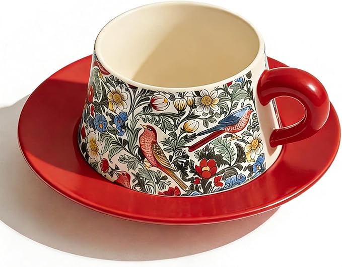 Ceramic Cup and Saucer Set, Luxurious Coffee/Tea Mug, Vintage Beautifully Printed Cups with Handle Practical Gifts for Women Housewarming/Birthday/New Year/Valentine's Day/Mother's Day, 8.8oz (Red)