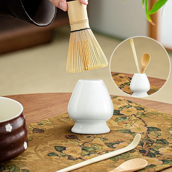 Traditional Japanese Matcha Tea Whisk Set, 4 Piece Bamboo Ceremonial Kit with Ceramic Holder (White)