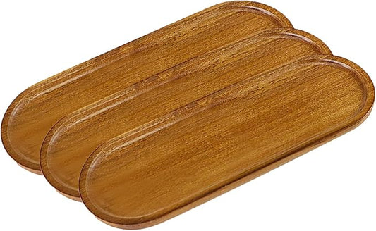 Small Wooden Oval Tray (11.3 x 4.1 inch) 3 Pack, Mini Serving Tray for Coffee Tables, Dessert, Snack, Fruit, Acacia Wood Platter for Vegetable, Decor Restaurant