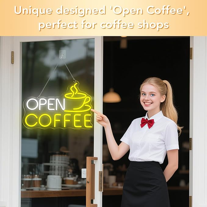 Open Coffee LED Neon Sign for Shops, Home Coffee Bar Essential, Espresso Stations, Front Window, Nook Decors,10-Level Brightness Adjustable, Neon Light Sign 17Inch,Warm White and Yellow for Mother's Day Décor Gifts