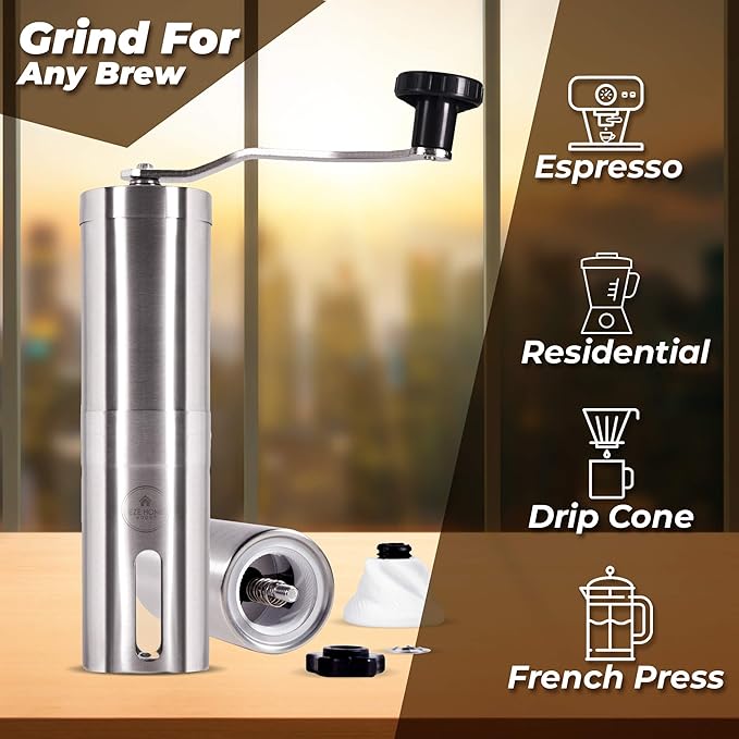 Hand Coffee Mill Grinder with Conical Ceramic Burr | Consistent Grind Every Time, Professional Grade, Stainless Steel, Lightweight and Portable, Heavy Duty Extra Long Hand Crank