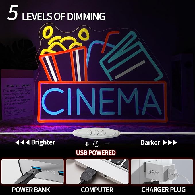 Cinema Neon Sign Dimmable Movie Neon Light Sign for Wall Decor Film Theater Led Signs for Home Bar Movie Night Party Man Cave Film Room Gift 15.7" x 12.2"