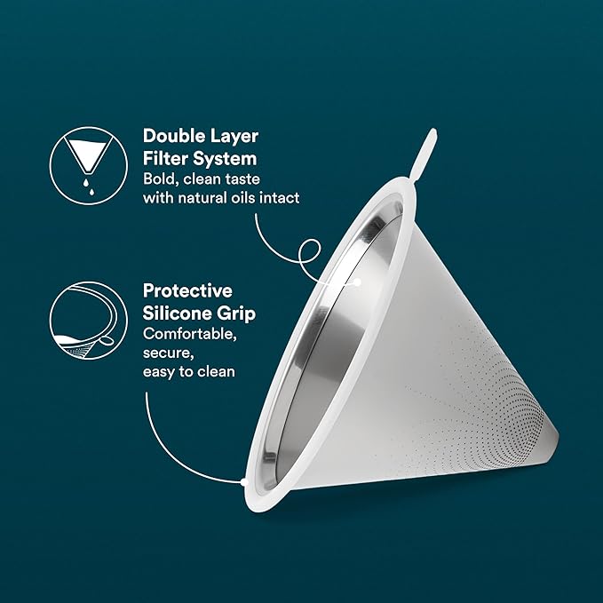 OVALWARE UPGRADED Paperless Stainless Steel Pour Over Coffee Filter – Reusable Permanent Coffee Cone Dripper with Silicone Safety Tab for Easy Removal, Fits Ovalware, Chemex, Hario & Other Carafes