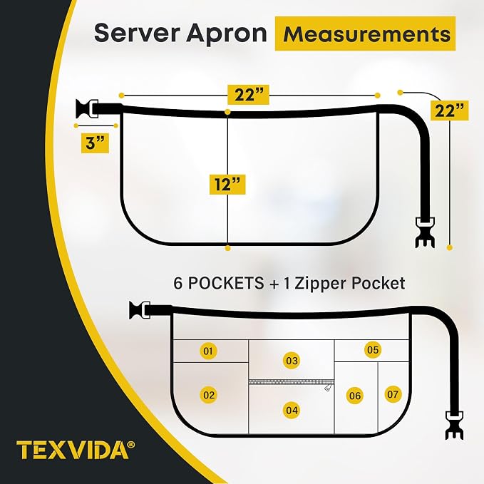 7 Pockets Server Apron with Buckle Closure & Zippered Money Pouch – Stain Resistant, Black Waitress Apron - Image 2