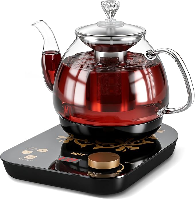 HHT Electric Tea Maker with Infuser, ±1℉ Precise Temperature Control, Glass Electric Kettle for Herbal,Flowers,Fruit Tea and Loose Leaf,BPA-Free,Auto Shut-Off,Brewing Program,Keep Warm,0.8L/27oz Grey