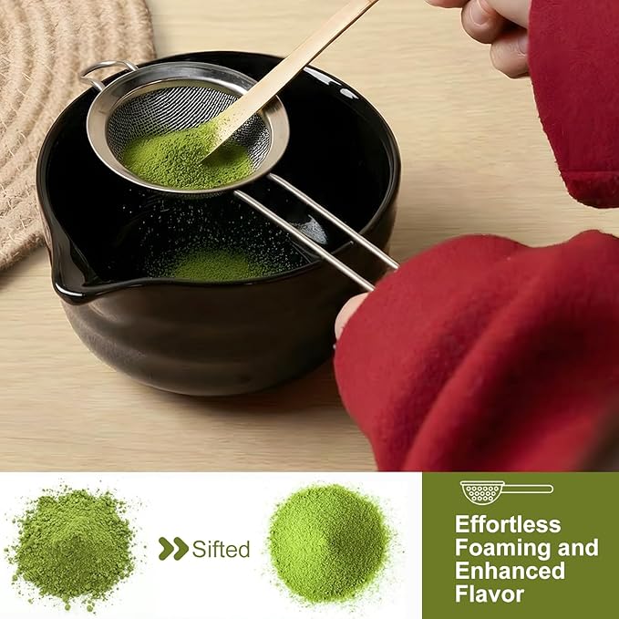 YOLIFE 7 Pcs Matcha Whisk Set, Includes Matcha Bowl with Spout, Bamboo Whisk (Chasen) with Ceramic Holder, Scoop and Powder Spoon, Sifter, Matcha Kit for Ceremony (Black)