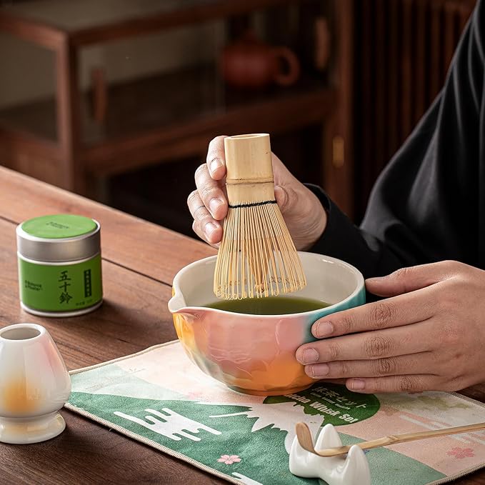 Clay&Fire Matcha Whisk Set，9 Pcs Ceramic Matcha Set, 15 OZ Matcha Bowl with Spout and Whisk，Matcha Kit for Friend, Ideal Gift for Matcha Lover（Sugar）