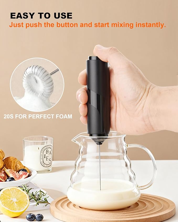 Handheld Milk Frother with Cover, Battery Powered Portable Drink Mixer (2AA Not Included) - Electric Frother Wand for Coffee, Latte, Matcha, Cappuccino & Hot Chocolate