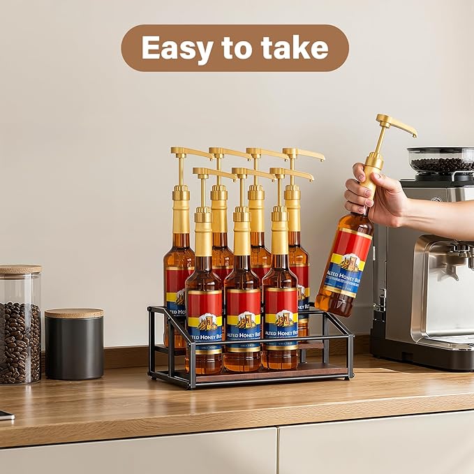 kimilus Coffee Syrup Organizer Rack, Liquor Bottle Display Shelf, 2 Tier 8 Syrup Bottles Holder Stand for Coffee Bar Kitchen Small Wine Rack for Family Storage for Syrup Wine Dressing