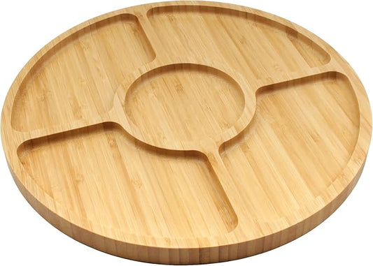 BambooMN Natural 12" Bamboo Round 5 Compartment Serving Tray/Platter, Charcuterie Board, Perfect for Snacks, Party Platter, Appetizers - 1 Tray