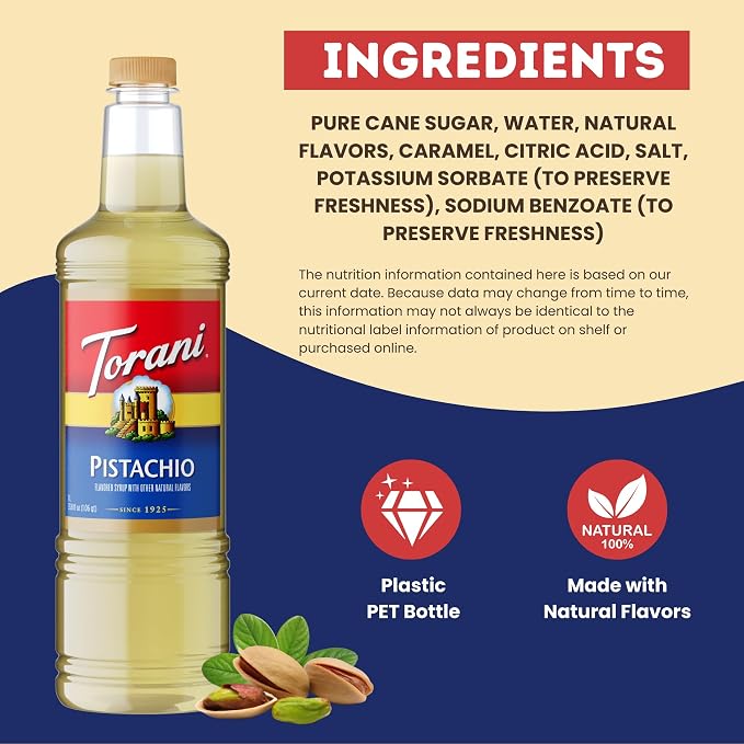 Torani Pistachio Coffee Syrup 1 Liter Bottle with Pump Dispenser – Flavored Syrup with Pure Cane Sugar & Natural Pistachio Essence – Perfect for Lattes, Desserts & Cocktails - Image 5