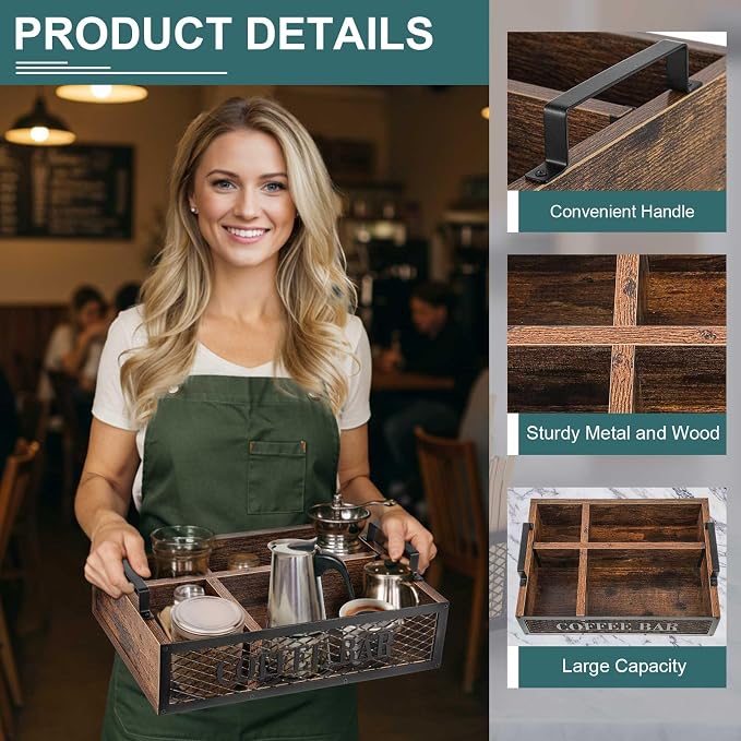 Yalikop Coffee Station Organizer for Countertop, All in One No Assembly Wood Coffee Creamer Bar Holder with Iron Mesh, Office Tea Bar Accessories Gift for New Home Birthday(Brown,Natural) - Image 4