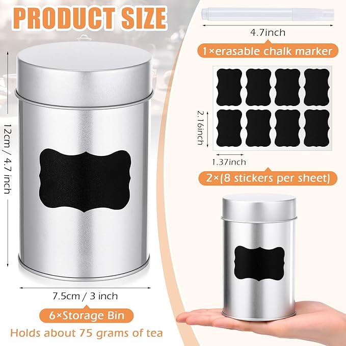 Tanlade 6 Pcs Tea Tin Canister with Airtight Lid,14 oz Tea Storage Tins with 1 Erasable Chalk Marker and 16 Stickers for Loose Leaf Coffee Sugar Metal Round Containers Can Double Sealed