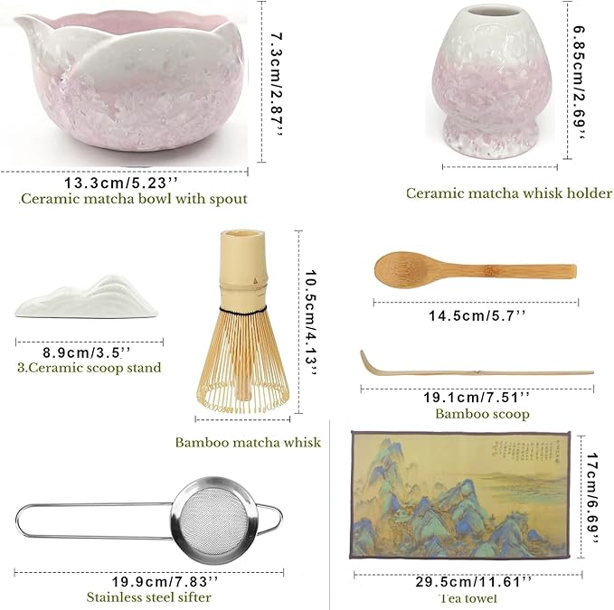 Matcha Set, 8Pcs Crystalline Glaze Ceramic Matcha Kit with Matcha Whisk, Holder, Scoop, Scoop Rest, Sifter, Spoon and Tea Towel - Thoughtful Matcha Whisk Set Gift for Matcha Lovers (Pink)