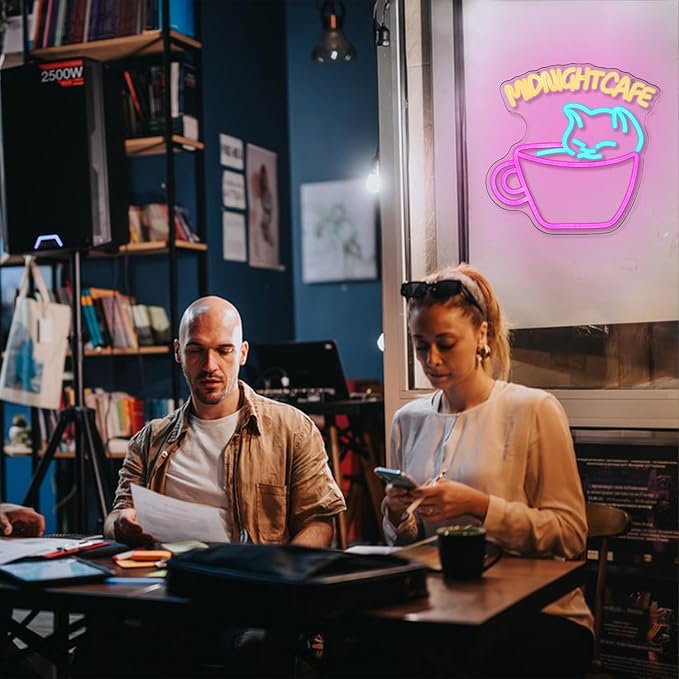 Coffee Neon Sign for Wall Decor Cat Neon Light Midnight Cafe Led Neon Signs Colorful LED Neon Lights for Coffee Shop Dessert Shop Bakery Cafe Dcoration