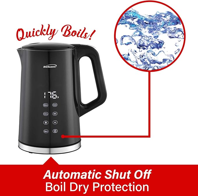 Brentwood 1100W 1.7L Cordless Cool Touch Digital Kettle with Stainless Steel Interior, Temperature Control with 4 Presets, 360° Base, Auto Shut-Off, Keep Warm, & Boil Dry Protection (Black, 7.2 Cups)
