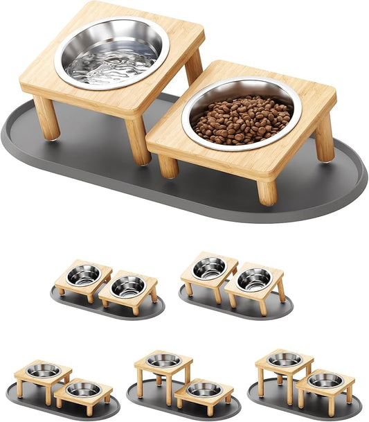 NiHome Elevated Cat Bowls with Food Mat for Indoor Cats, 5 Feeding Positions Raised Cat Bowl Bamboo Stand with 2 Stainless Steel Bowls, Whisker Friendly Dishwasher Safe Pet Food and Water Bowl