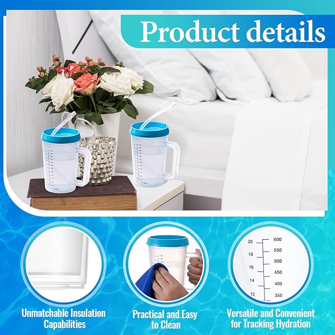 4 Pcs 20 oz Hospital Water Cup with Straw and Lid Insulated Double Walled Elderly Water Bottle Hospital Carafe Mug with Handle Graduated Plastic Drinking Sippy Cup for Adult(Blue)