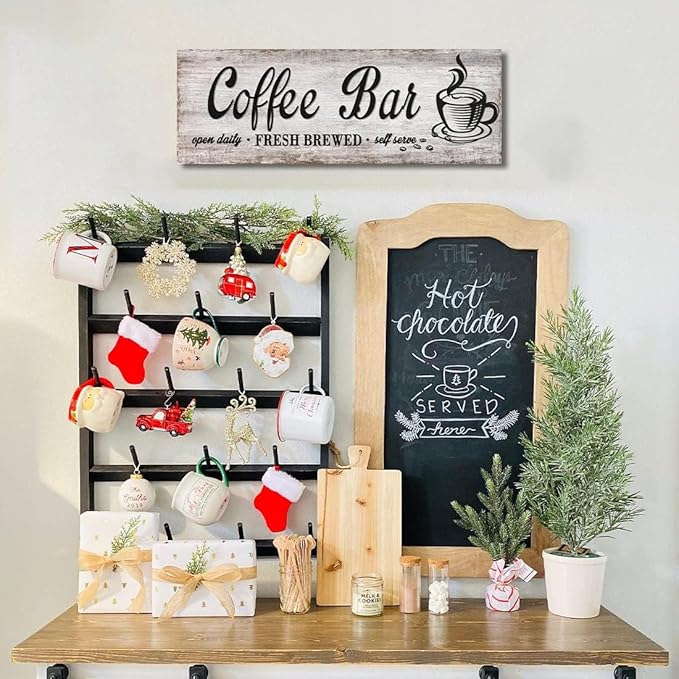 Rustic Wood Grain Coffee Station Decor - Retro Coffee Bar Signs for Kitchen - Self Serve Fresh Brewed Open Daily