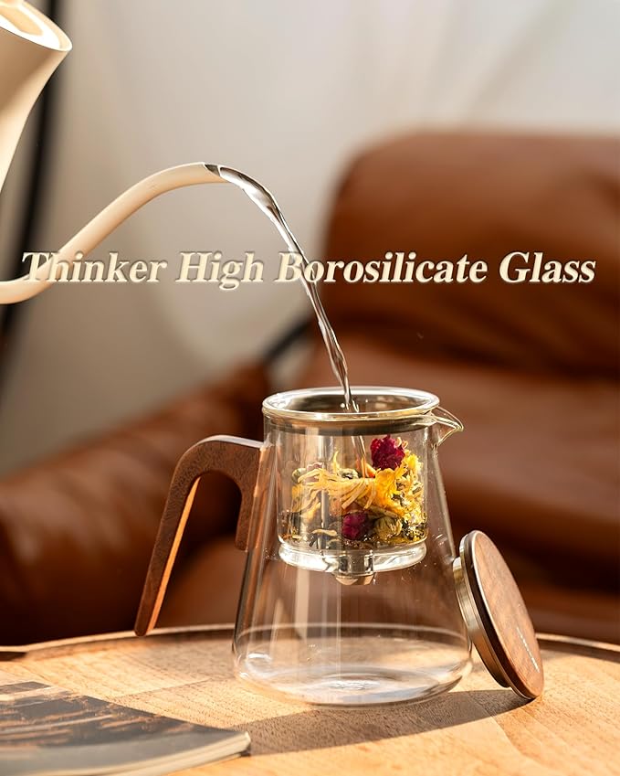ZENS Magnetic Tea Pot, Enchanted Glass Teapot with Infuser and Magnetic Suction Lid for Mess-Free Loose Tea Diffusers, Walnut Wood Handle, Tea Lovers Gifts