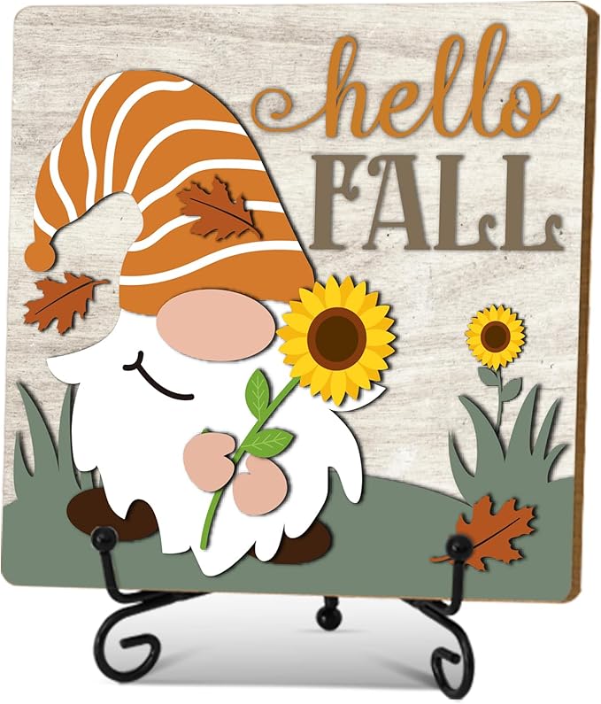 Hello Fall Home Decor Indoor, Autumn Gnome Thanksgiving Table Decor, 5"x5" Wood Plaque Gifts with Stand for Farmhouse Living Room Bathroom Kitchen Decoration -A05