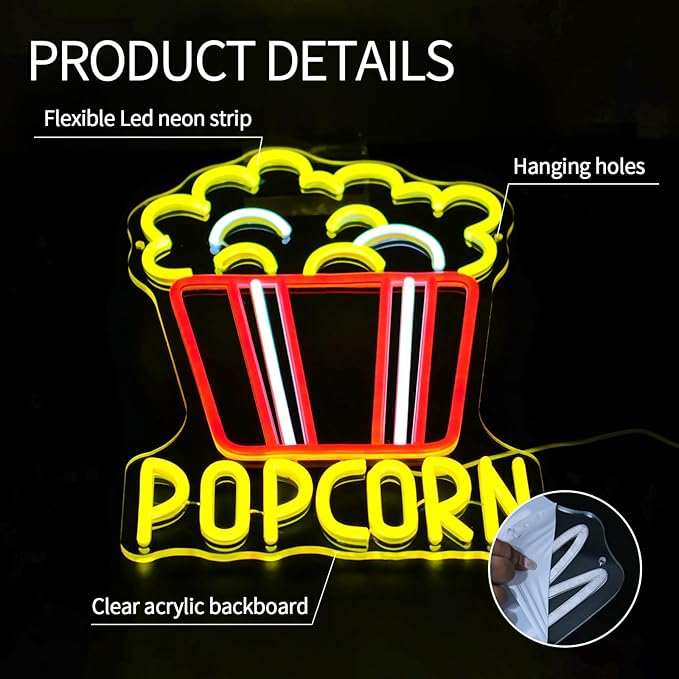 Popcorn Neon Sign for Wall Decor Dimmable Food Led Lights Signs Snacks Led Signs for Cinema Decor Neon Light for Home Cinema Snack Shop Kitchen Video Room Cafe Home Bar Party Man Cave Decor