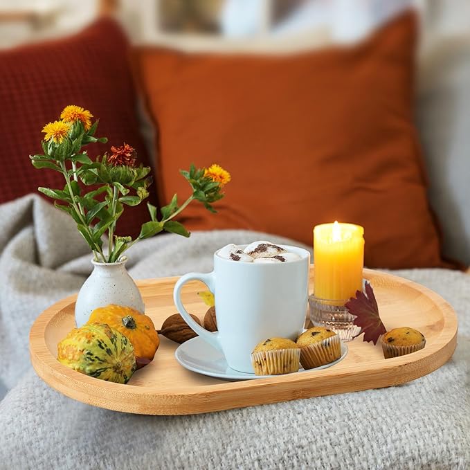 Tanlade 4 Pieces 12 x 7.5 Inch Wooden Serving Tray, Oval Rustic Wood Trays for Crafts Large Decorative Wooden Serving Platter for Tea Coffee Table Food Kitchen Dessert Veggie (Bamboo)