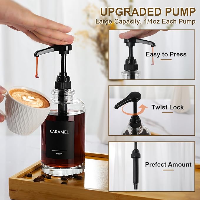Coffee Syrup Dispenser for Coffee Bar, Glass Syrup Dispenser with 1/4oz Large Capacity Pump, Coffee Syrup Pump Dispenser for Coffee Station, 16.9 fl oz Maple Syrup Bottles for Coffee Bar Organizer - Image 3