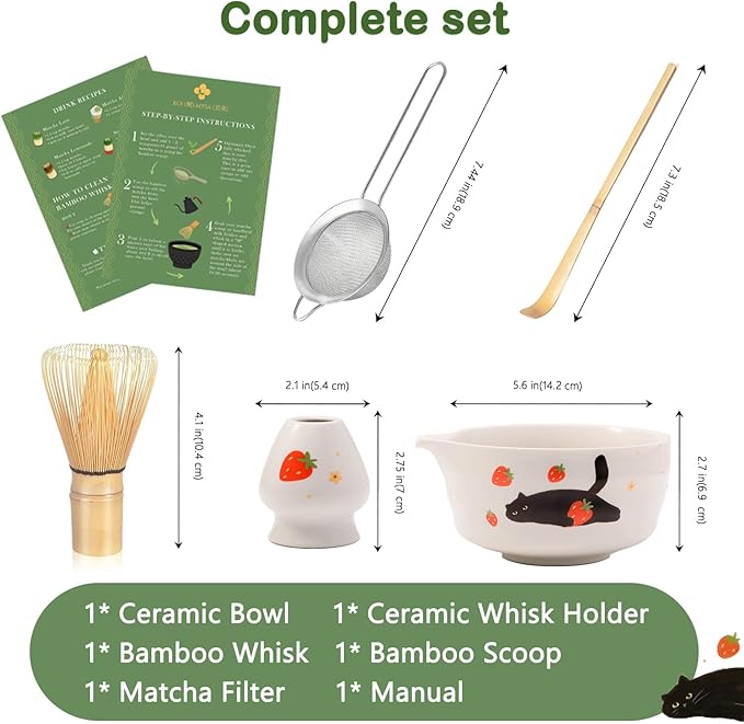 Matcha Whisk Set, 5 Pcs Traditional Japanese Matcha Whisk Preparation Kit, White Glossy Ceramic Bowl with Black Cat and Strawberry Pattern