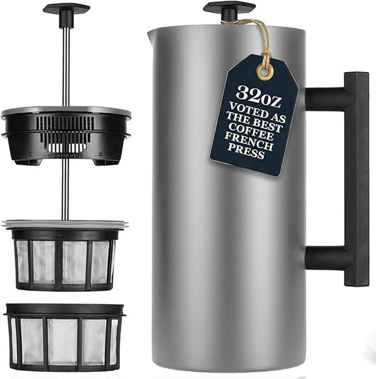 ESPRO P6 32 Ounces French Press Coffee Maker, Double Walled Stainless Steel Insulated, Brushed Stainless Steel