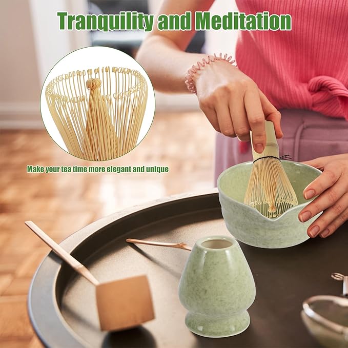 4PCS Matcha Whisk Set,Elegant Matcha Tea Set,Exquisite Matcha Kit with Ceramic Matcha Bowl,Matcha Whisk Holder,Bamboo Matcha Whisk and Bamboo Scoop Bamboo Tea Steeper Matcha Tools (Matcha Green)