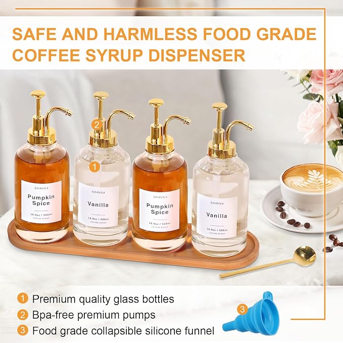 Coffee Syrup Dispenser for Coffee Bar, 16.9oz 500ml Glass Syrup Dispenser w Golden Coffee Scoop, Coffee Syrup Pump Dispenser w 36 Labels and Bamboo Tray, Coffee Syrup Bottles with Golden Pump, 4PCS - Image 5