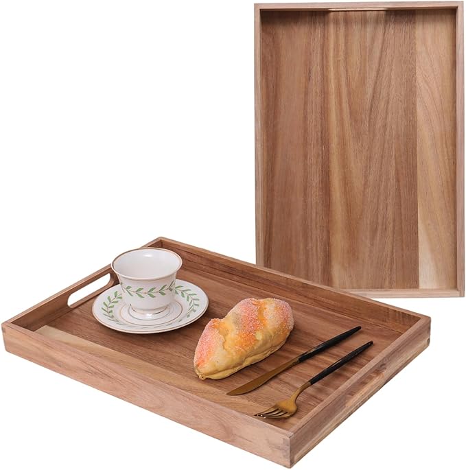 Wooden Serving Tray with Handles (17 Inches) – Decorative Serving Trays Platter for Breakfast in Bed, Lunch, Dinner,Ottoman, Appetizers, Patio, BBQ,Coffee Table, Party (Acacia)