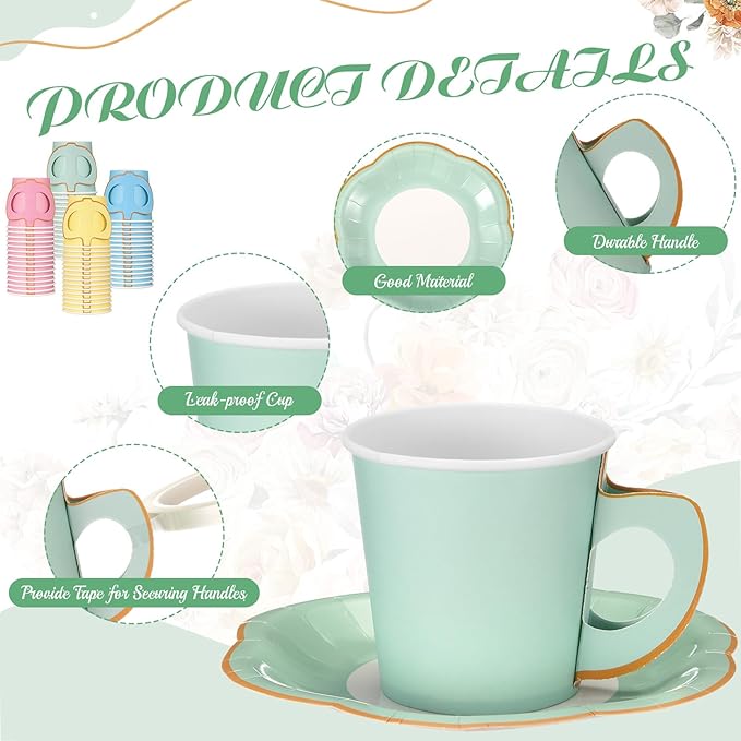 Umigy 60 Sets Pastel Tea Party Decorations Pastel Paper Tea Cups with Handle and Plates Disposable Teacups Saucers Sets with Tape for Hot Cold Drink Birthday (Blue Pink, 6.5 Oz)