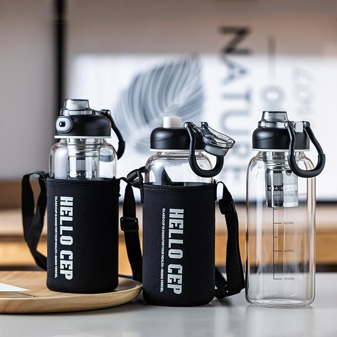 34oz Glass Water Bottle with capacity Mark & Stainless Steel Tea Strainer-Large Capacity for Hot/Cold Drinks,Coffee,Tea,and Water-Includes Protective Sleeve,Perfect for Home,Office (34oz2PCS)