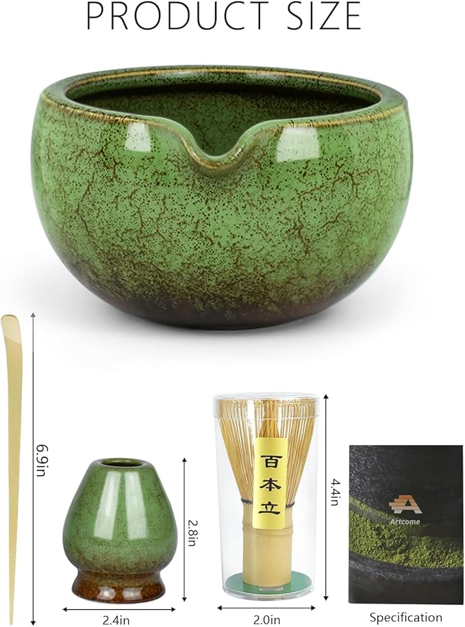 Artcome Matcha Tea Set – 20.2oz Premium Matcha Bowl with Spout, Whisk, Scoop, Whisk Holder & Brewing Guide – Authentic Japanese Tea Ceremony Tools for Perfect Matcha Preparation, Green