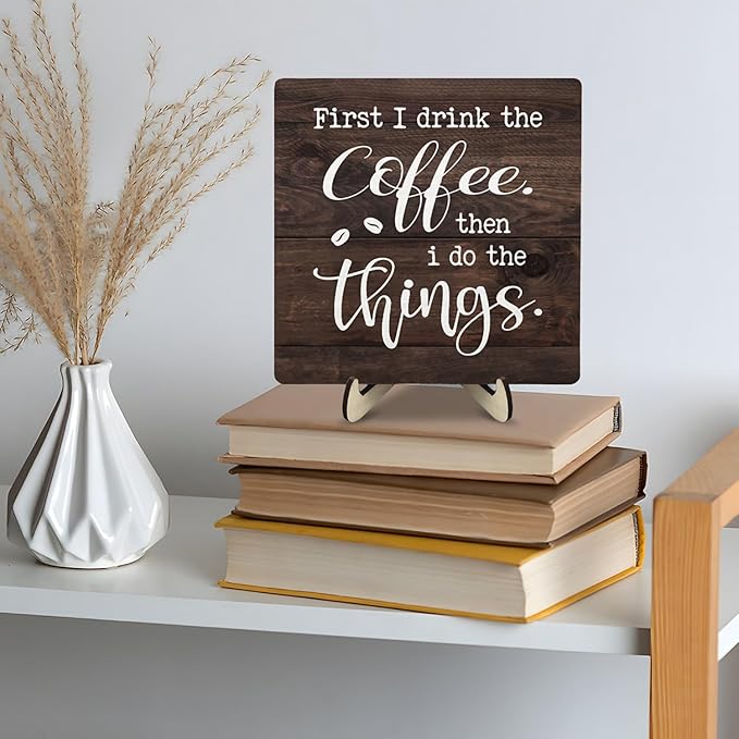 Vintage Coffee Bar Sign Plaque,Rustic Wooden Tabletop Plaque with Stand, Minimalist Farmhouse Kitchen Counter Sign for Coffee Station, Cute Mini Café Bar Decor Gift 5.9x5.9Inch