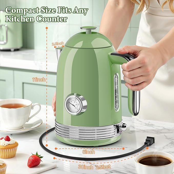 1.7L Electric Tea Kettle with Thermometer, 1500W Retro Stainless Steel Hot Water Kettle,Fast Boil Cordless Electric Kettle,Auto Shut-Off & Boil-Dry Protection