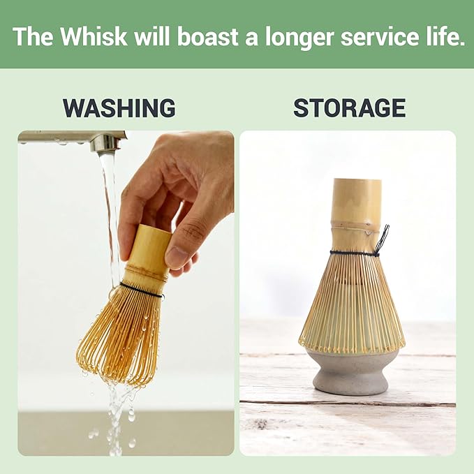 Matcha Whisk Set 5pcs – Bamboo Chasen with Holder, Chashaku Scoop, Spoon, Fine Mesh Sifter – Traditional Japanese Tea Tools for Tea Ceremony, Matcha Making Kit for Tea Lovers（Green)