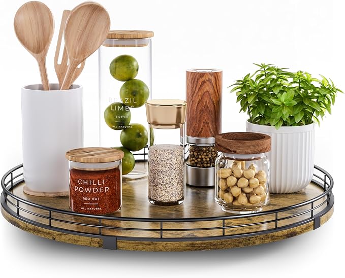 Lazy Susan Turntable Organizer for Table Top, 16’’ Round Wooden Lazy Susan for Cabinet Kitchen Countertop Pantry Dining Coffee Table for Condiments Spices, Rustic Bathroom Vanity Tray for Soap Candle by HGF