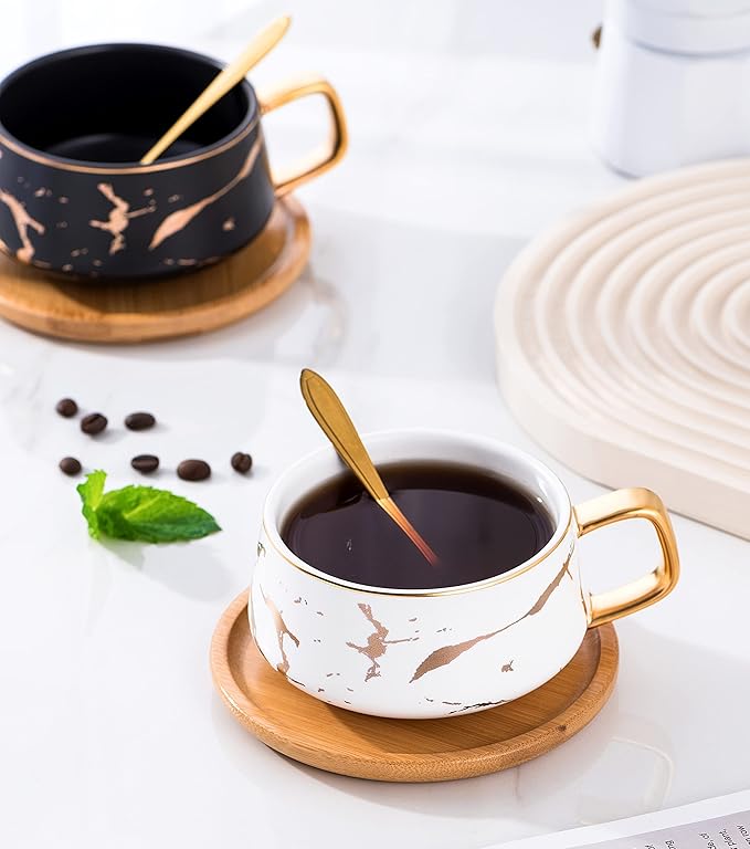 Jusalpha 2 Pack Golden Hand Print Black and White Teacup Coffee Cup with Bamboo Saucer and Spoon Set FDTCS19 (2, Black/White)