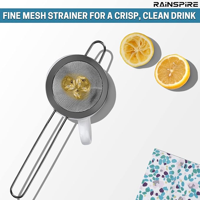 Rainspire Stainless Steel Small Strainer Fine Mesh Strainer, Mini Cocktail Strainer For Cocktails Tea Herbs Coffee & Drinks, Tea Strainer with Handle, Rust Proof, Black