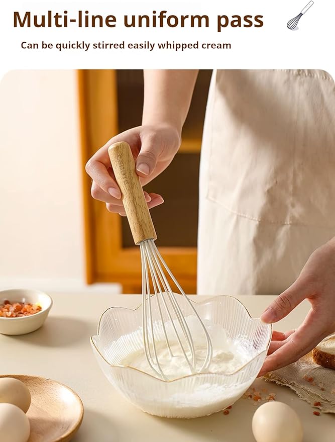 10.5" Stainless Whisk with Wood Handle - Head with Wood Handle - Whisk for Pancake Batter, Eggs and Egg, Cake Mix, Blending, Gravy and Sauces (Whisks)