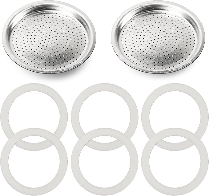 Moka Pot Spare Parts Replacement for Bialetti 3/4 Cups, Moka Pot 3 Cup Silicone Gasket and Food-grade Aluminum Filter Plate Compatible with Moka Express, Fiammetta Moka Pots, 6 Pcs Gasket and 2 Plate.