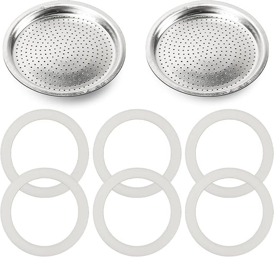 Moka Pot Spare Parts Replacement for Bialetti 3/4 Cups, Moka Pot 3 Cup Silicone Gasket and Food-grade Aluminum Filter Plate Compatible with Moka Express, Fiammetta Moka Pots, 6 Pcs Gasket and 2 Plate.