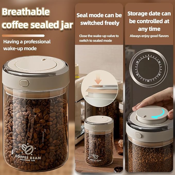 Aerbee Coffee Bean Canister, 37OZ Food Grade Sealed Jar with Date Tracker and Waking Bean Valve, Vacuum Storage Container for Beans, Grain, Snack, Sugar, Tea (1.1L)