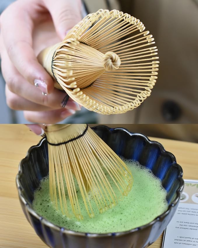 Artcome Matcha Tea Set - 17oz Petal-Shaped Matcha Bowl, Bamboo Whisk, Scoop, Whisk Holder & Brewing Guide - Japanese Tea Ceremony Tools for a Perfect Matcha Experience, Dark Blue