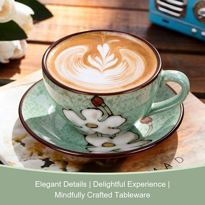 8 Oz Floral Porcelain Cappuccino Cups with Saucers Set of 4, Stoneware Tea Coffee Mugs for Home Kitchen & Office, Dishwasher Microwave Oven Safe, for Espresso, Latte, Americano, Milk & Tea, Green