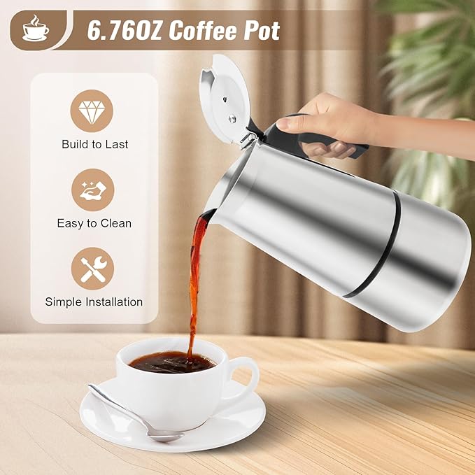 Espresso Machine, 4 Cups Stovetop Moka Pot, 200ml Portable Espresso Coffee Maker, Stainless Steel Coffee Pot with Electric Stove, Stainless Steel Italian Coffee Machine Maker